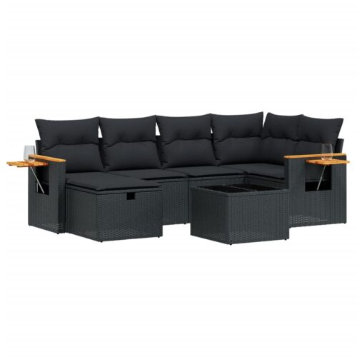7-Piece Garden Sofa Set with Cushions Black Poly Rattan Wicker Outdoor Patio Furniture