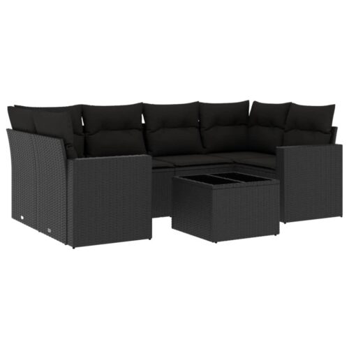7-Piece Garden Sofa Set with Cushions Black Poly Rattan Wicker Outdoor Patio Furniture