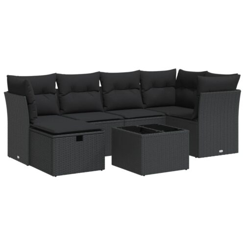 7-Piece Garden Sofa Set with Cushions Black Poly Rattan Wicker Outdoor Patio Furniture