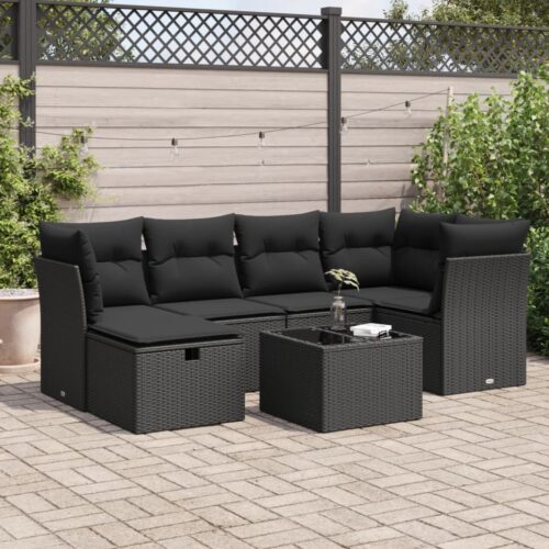 7-Piece Garden Sofa Set with Cushions Black Poly Rattan Wicker Outdoor Patio Furniture - Image 2