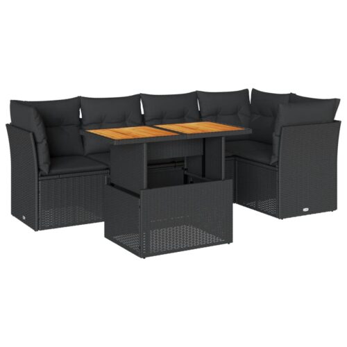 6-Piece Garden Sofa Set with Cushions Black Poly Rattan Wicker Outdoor Patio Furniture