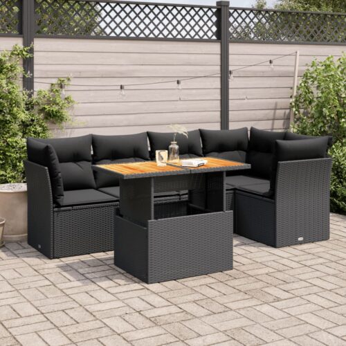 6-Piece Garden Sofa Set with Cushions Black Poly Rattan Wicker Outdoor Patio Furniture - Image 2