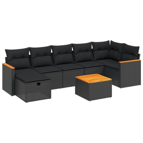 8-Piece Garden Sofa Set with Cushions Black Poly Rattan Wicker Outdoor Patio Furniture