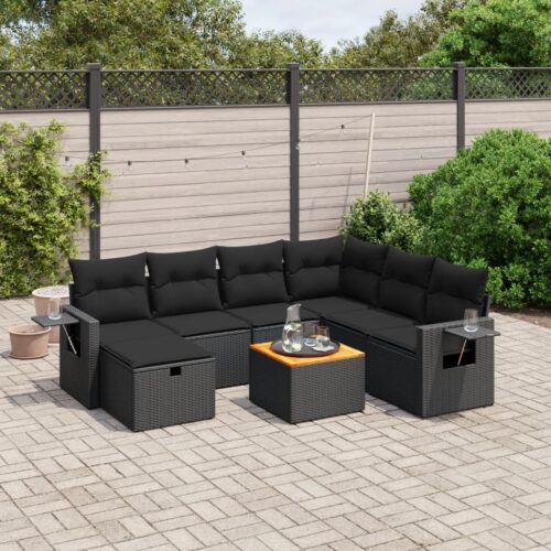 8-Piece Garden Sofa Set with Cushions Black Poly Rattan Wicker Outdoor Patio Furniture - Image 2