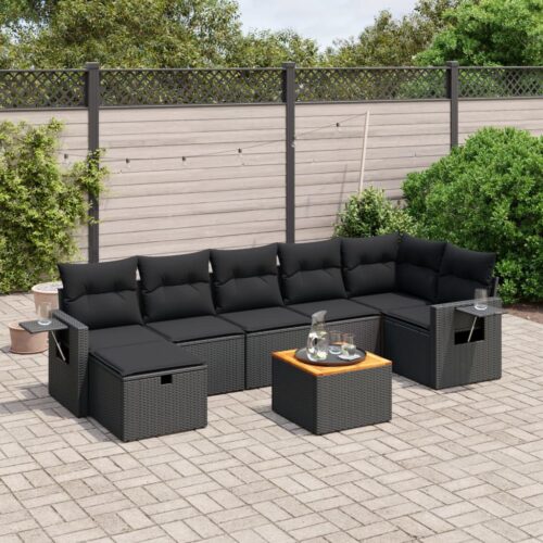 8-Piece Garden Sofa Set with Cushions Black Poly Rattan Wicker Outdoor Patio Furniture - Image 2