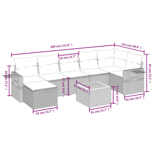 8-Piece Garden Sofa Set with Cushions Black Poly Rattan Wicker Outdoor Patio Furniture - Image 4