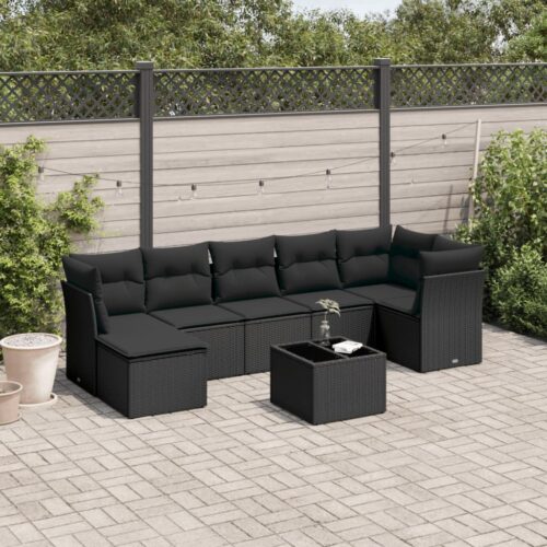 8-Piece Garden Sofa Set with Cushions Black Poly Rattan Wicker Outdoor Patio Furniture - Image 2