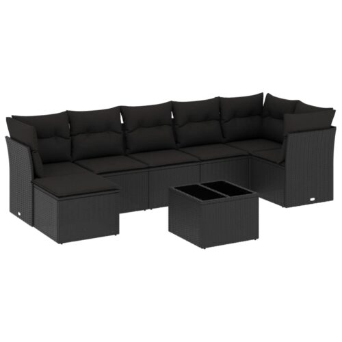 8-Piece Garden Sofa Set with Cushions Black Poly Rattan Wicker Outdoor Patio Furniture - Image 5