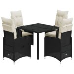 5-Piece Garden Bistro Set with Cushions Black Poly Rattan Wicker Outdoor Patio Furniture