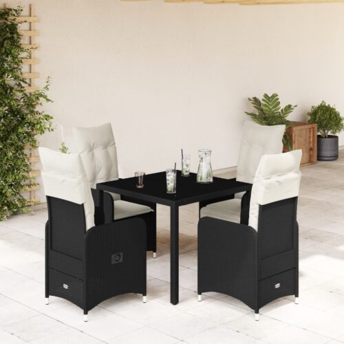 5-Piece Garden Bistro Set with Cushions Black Poly Rattan Wicker Outdoor Patio Furniture - Image 2