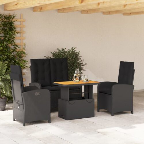 4-Piece Garden Dining Set with Cushions Black Poly Rattan Wicker Outdoor Patio Furniture - Image 2