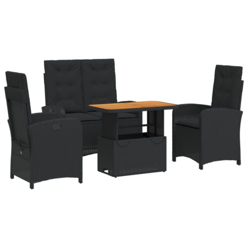 4-Piece Garden Dining Set with Cushions Black Poly Rattan Wicker Outdoor Patio Furniture - Image 14