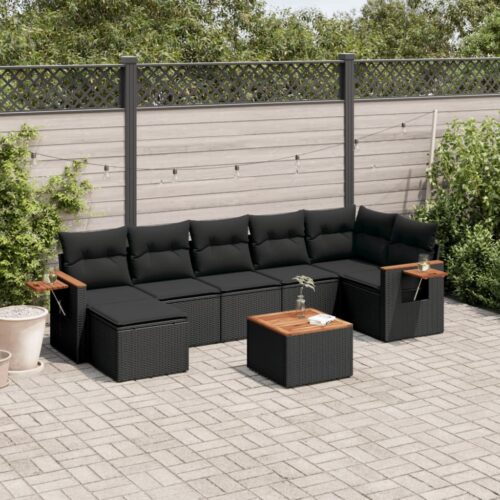 8-Piece Garden Sofa Set with Cushions Black Poly Rattan Wicker Outdoor Patio Furniture - Image 2