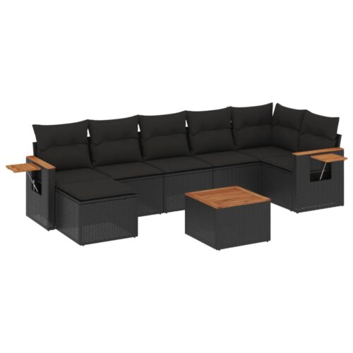 8-Piece Garden Sofa Set with Cushions Black Poly Rattan Wicker Outdoor Patio Furniture - Image 5