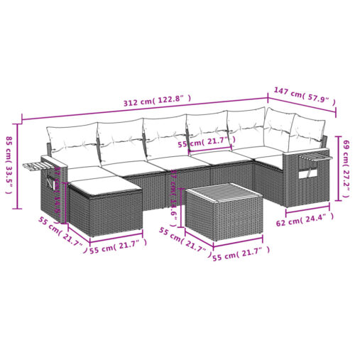 8-Piece Garden Sofa Set with Cushions Black Poly Rattan Wicker Outdoor Patio Furniture - Image 11