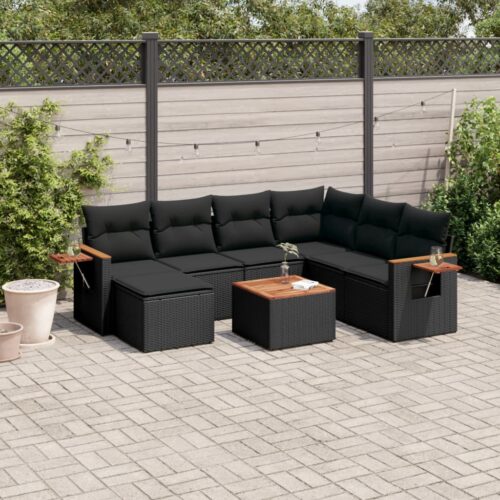 8-Piece Garden Sofa Set with Cushions Black Poly Rattan Wicker Outdoor Patio Furniture - Image 2