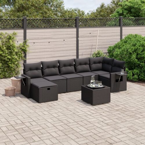 8-Piece Garden Sofa Set with Cushions Black Poly Rattan Wicker Outdoor Patio Furniture - Image 2