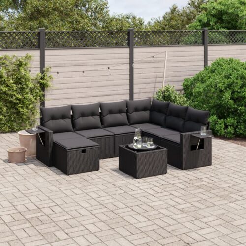 8-Piece Garden Sofa Set with Cushions Black Poly Rattan Wicker Outdoor Patio Furniture - Image 2