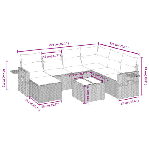 8-Piece Garden Sofa Set with Cushions Black Poly Rattan Wicker Outdoor Patio Furniture - Image 4