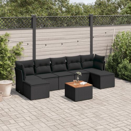 8-Piece Garden Sofa Set with Cushions Black Poly Rattan Wicker Outdoor Patio Furniture - Image 2