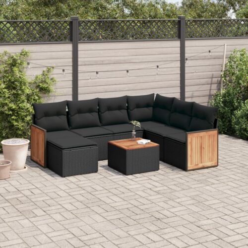 8-Piece Garden Sofa Set with Cushions Black Poly Rattan - Image 2