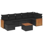 8-Piece Garden Sofa Set with Cushions Black Poly Rattan