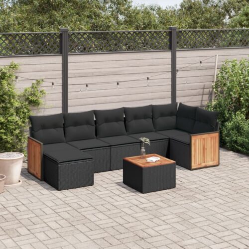 8-Piece Garden Sofa Set with Cushions Black Poly Rattan - Image 2