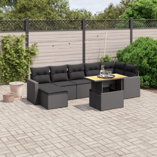8-Piece Garden Sofa Set with Cushions Black Poly Rattan Wicker Outdoor Patio Furniture - Image 2