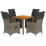 5-Piece Garden Bistro Set with Cushions Grey Poly Rattan Wicker Outdoor Patio Furniture