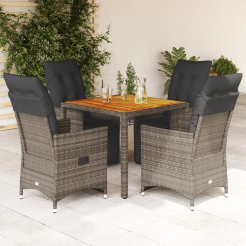 5-Piece Garden Bistro Set with Cushions Grey Poly Rattan Wicker Outdoor Patio Furniture - Image 2