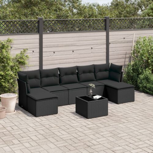 8-Piece Garden Sofa Set with Cushions Black Poly Rattan Wicker Outdoor Patio Furniture - Image 2
