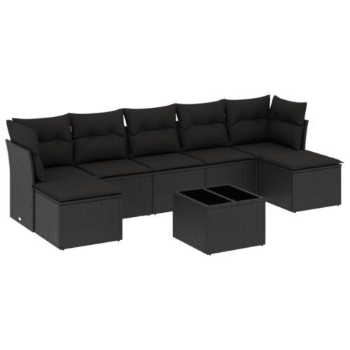 8-Piece Garden Sofa Set with Cushions Black Poly Rattan Wicker Outdoor Patio Furniture - Image 5