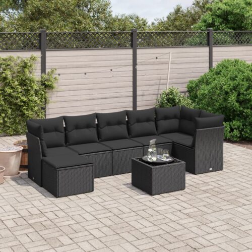 8-Piece Garden Sofa Set with Cushions Black Poly Rattan Wicker Outdoor Patio Furniture - Image 2