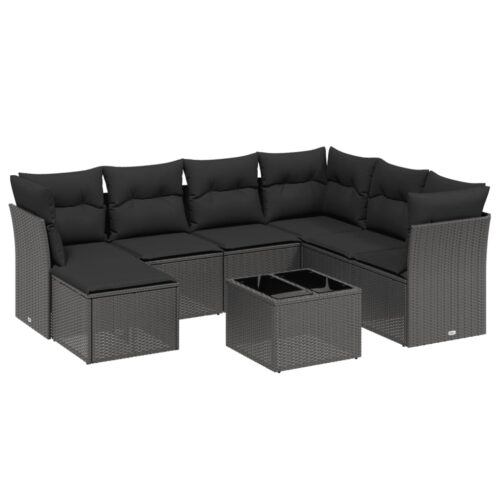 8-Piece Garden Sofa Set with Cushions Black Poly Rattan Wicker Outdoor Patio Furniture
