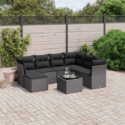 8-Piece Garden Sofa Set with Cushions Black Poly Rattan Wicker Outdoor Patio Furniture - Image 2