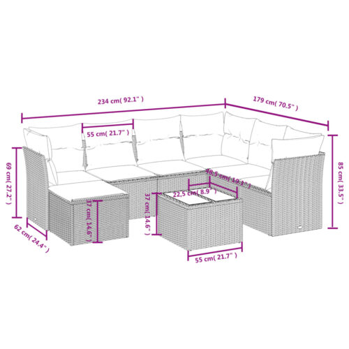 8-Piece Garden Sofa Set with Cushions Black Poly Rattan Wicker Outdoor Patio Furniture - Image 4