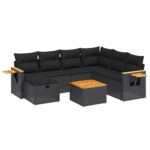8-Piece Garden Sofa Set with Cushions Black Poly Rattan Wicker Outdoor Patio Furniture