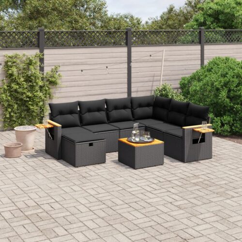 8-Piece Garden Sofa Set with Cushions Black Poly Rattan Wicker Outdoor Patio Furniture - Image 2