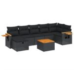 8-Piece Garden Sofa Set with Cushions Black Poly Rattan Wicker Outdoor Patio Furniture