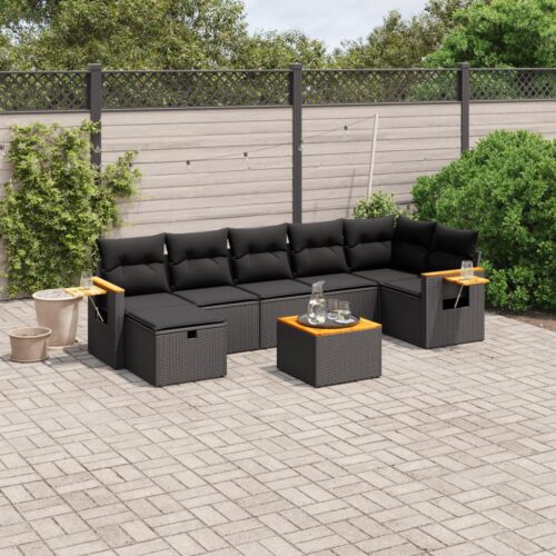 8-Piece Garden Sofa Set with Cushions Black Poly Rattan Wicker Outdoor Patio Furniture - Image 2