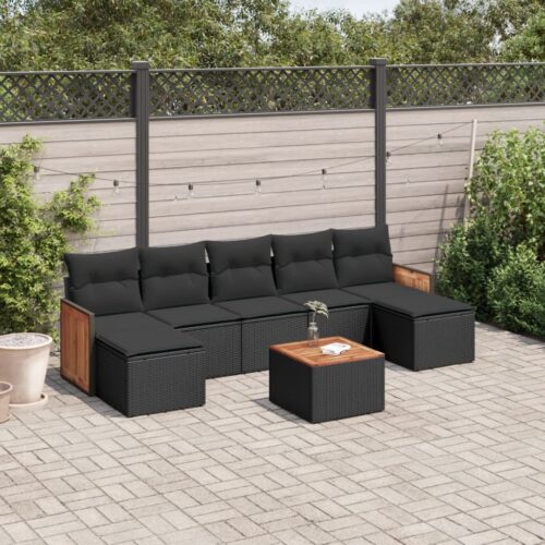 8-Piece Garden Sofa Set with Cushions Black Poly Rattan Wicker Outdoor Patio Furniture - Image 2