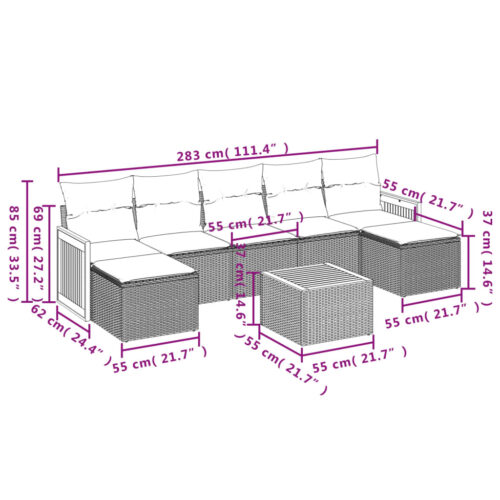 8-Piece Garden Sofa Set with Cushions Black Poly Rattan Wicker Outdoor Patio Furniture - Image 3
