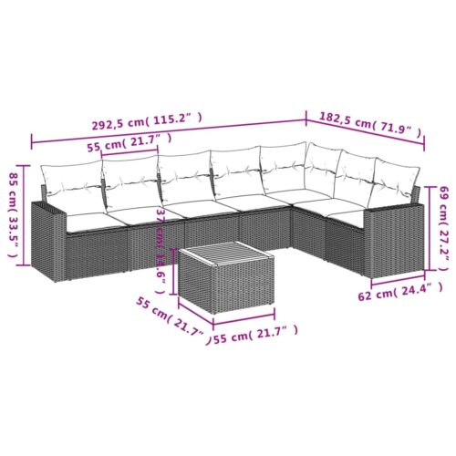 8-Piece Garden Sofa Set with Cushions Black Poly Rattan Wicker Outdoor Patio Furniture - Image 3