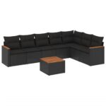 8-Piece Garden Sofa Set with Cushions Black Poly Rattan Wicker Outdoor Patio Furniture