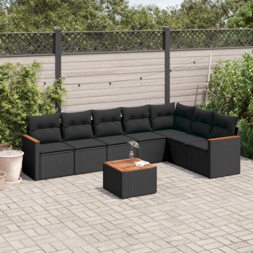 8-Piece Garden Sofa Set with Cushions Black Poly Rattan Wicker Outdoor Patio Furniture - Image 2