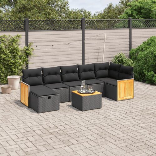 8-Piece Garden Sofa Set with Cushions Black Poly Rattan - Image 2