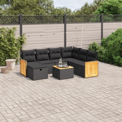 8-Piece Garden Sofa Set with Cushions Black Poly Rattan - Image 2