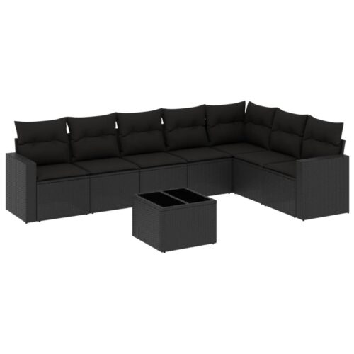 8-Piece Garden Sofa Set with Cushions Black Poly Rattan Wicker Outdoor Patio Furniture - Image 5