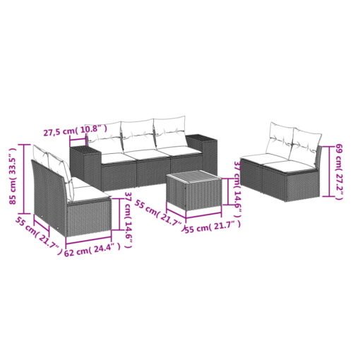 8-Piece Garden Sofa Set with Cushions Black Poly Rattan Wicker Outdoor Patio Furniture - Image 3