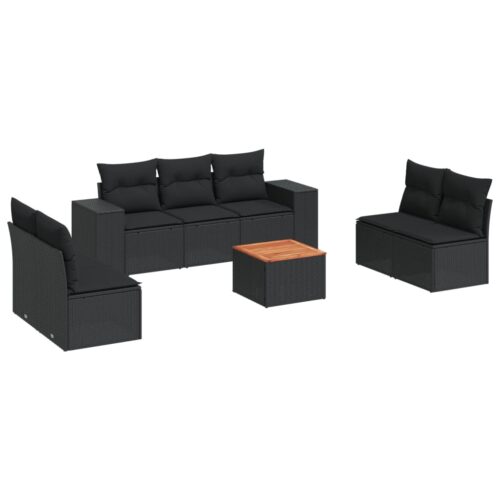 8-Piece Garden Sofa Set with Cushions Black Poly Rattan Wicker Outdoor Patio Furniture - Image 5
